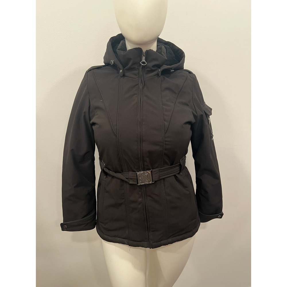 ZX BLK Label Coat Jacket Womens Medium Black Belted Softshell Hooded Ski Parka